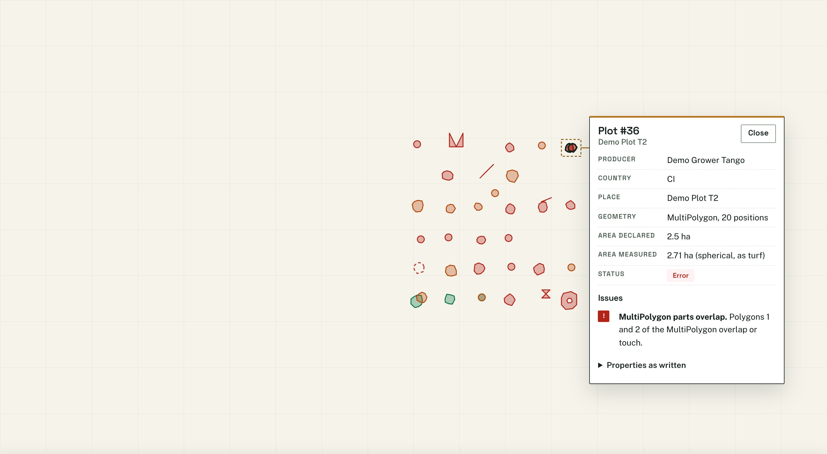 Geomend showing a demo plot file with issues grouped by rule and a Fix button beside each one